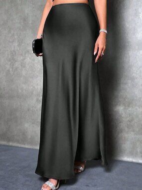 Elegant High-Waist Flowy Satin Maxi Skirt Black